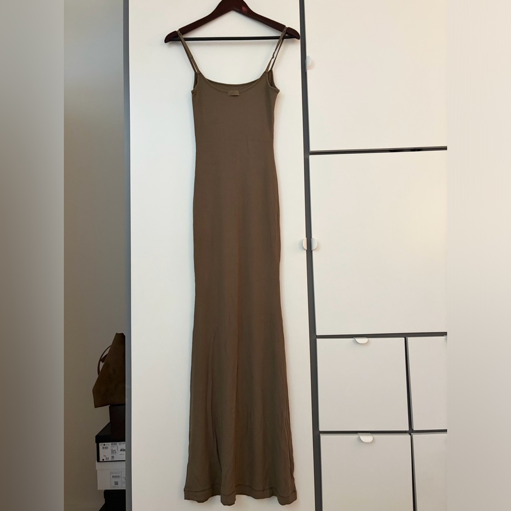 SKIMS Khaki Slip Maxi Dress with Thin Straps